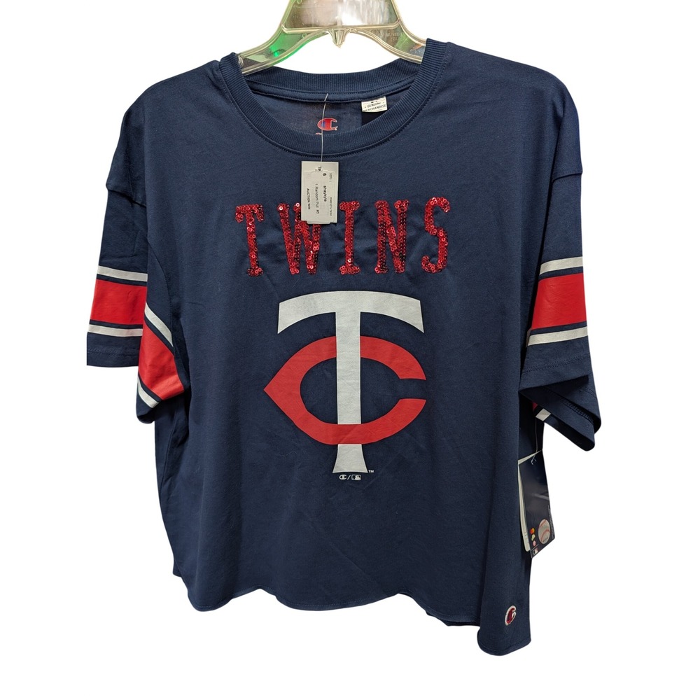 Champion Minnesota Twins T-Shirt Women Large Navy NWT Sequin Logo Cropped MLB